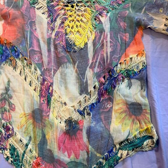 Dor Dor Couture Beach coverup / colorful crochet trimmed top / 3/4 sleeves XL - Picture 4 of 15